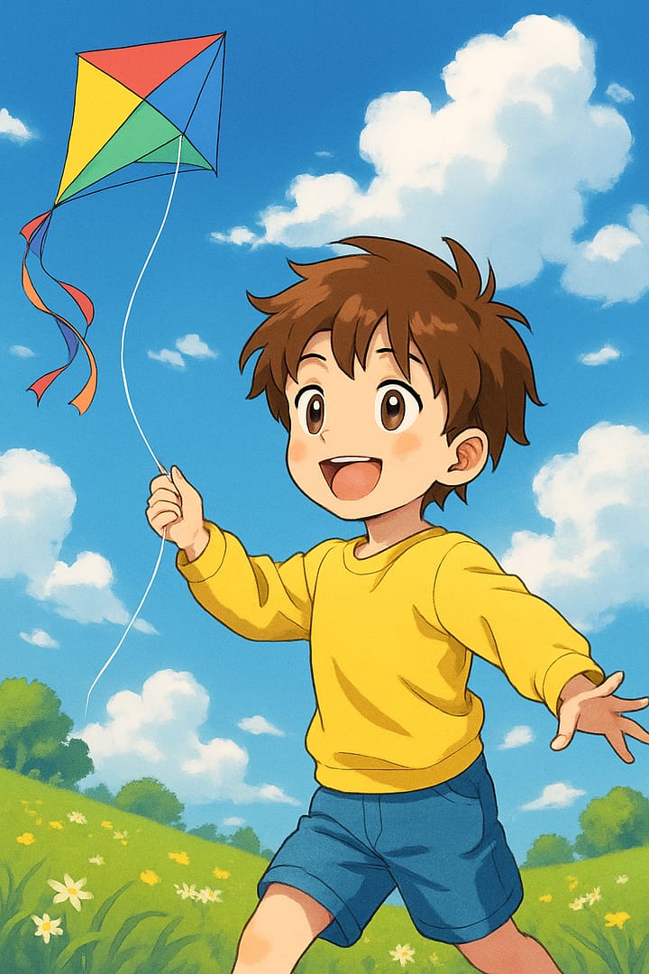 Happy anime boy in a yellow shirt running in a meadow while flying a colorful kite, cheerful aesthetic wallpaper.