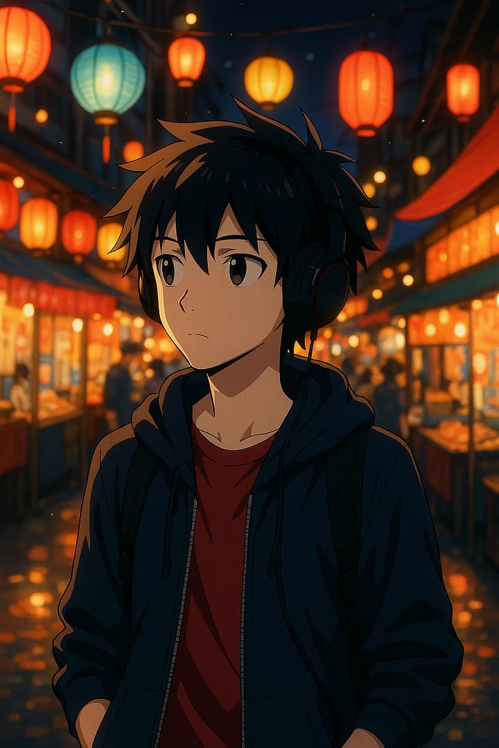 Anime boy with headphones walking through a lantern-lit night market, vibrant aesthetic wallpaper.