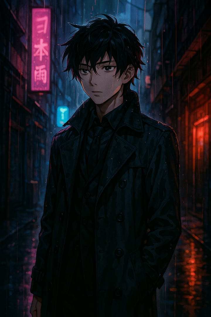 Anime boy in a black trench coat standing in a neon-lit rainy alley, moody cyberpunk aesthetic wallpaper.