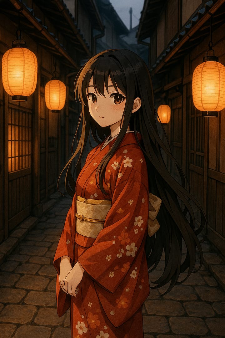 Anime girl in a red kimono standing under glowing lanterns in a traditional street, cultural aesthetic wallpaper.
