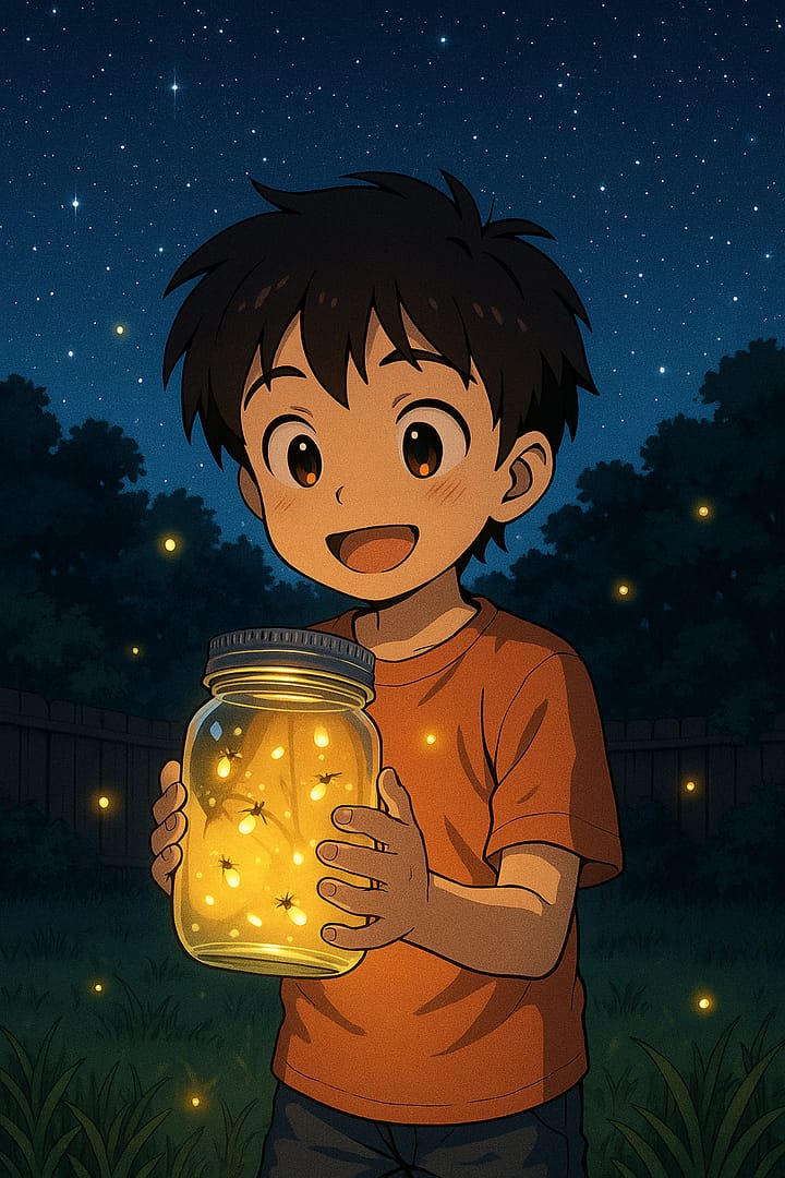 Anime boy smiling while holding a glowing jar full of fireflies under a starry night sky, magical aesthetic wallpaper.