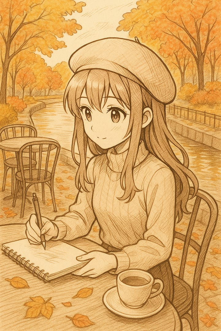 Anime girl with a beret drawing in her sketchbook at a riverside café surrounded by autumn leaves, artistic aesthetic wallpaper.