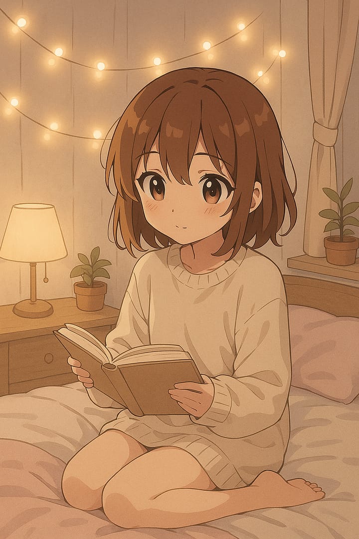 Anime girl in a cozy bedroom reading a book under fairy lights, soft aesthetic wallpaper.