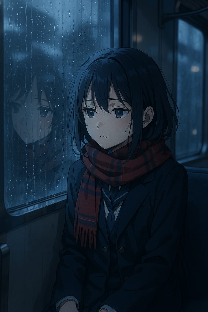Anime girl sitting by a rainy train window, lost in thought, melancholic aesthetic wallpaper.