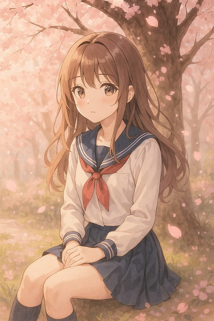 Anime schoolgirl sitting under pink cherry blossoms, peaceful spring aesthetic wallpaper.