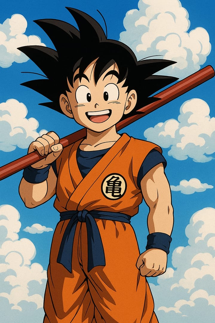 A vibrant, cartoon-style illustration of a young Goku from Dragon Ball, wearing his orange gi with a navy blue undershirt and belt. He has spiky black hair, a cheerful expression, and is holding his Power Pole over his right shoulder against a bright blue sky with fluffy white clouds.