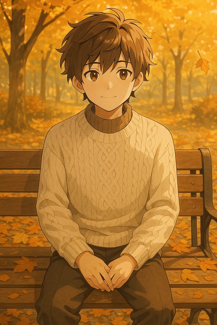 Anime boy in a cozy sweater sitting on a park bench surrounded by golden autumn leaves, warm aesthetic wallpaper.