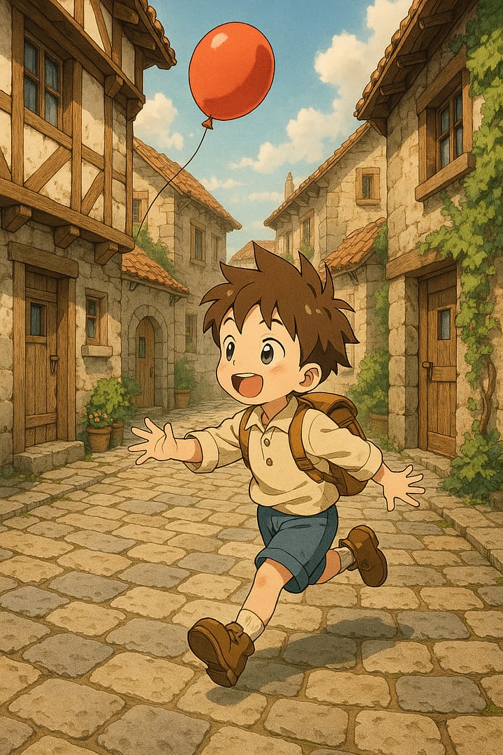 Happy anime boy running through a stone village street holding a red balloon, cheerful aesthetic wallpaper.