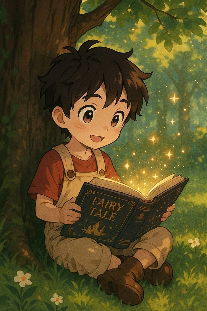 Anime child sitting under a tree with a glowing fairy tale book, magical aesthetic wallpaper.