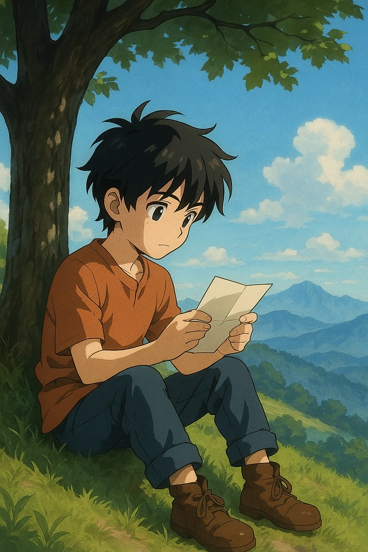 Anime boy sitting under a tree on a hilltop reading a letter with mountains in the distance, calm aesthetic wallpaper.