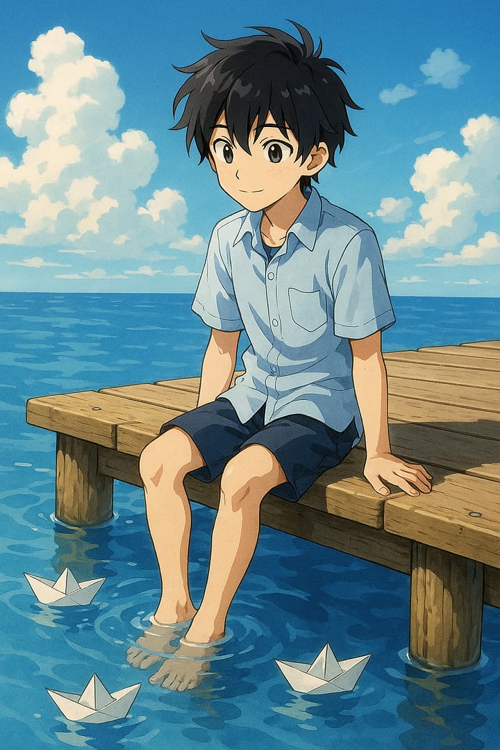 Anime boy sitting on a wooden pier with paper boats floating in water under blue skies, dreamy aesthetic wallpaper.