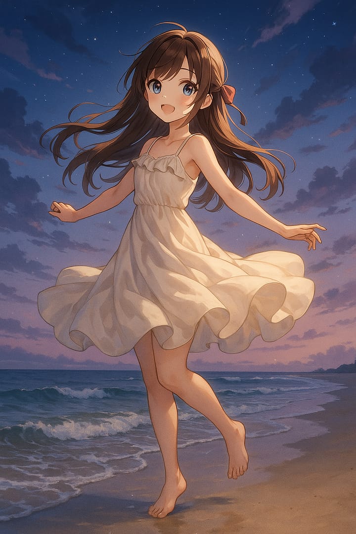 Anime girl in a flowing white dress joyfully dancing barefoot on the beach at twilight, dreamy aesthetic wallpaper.