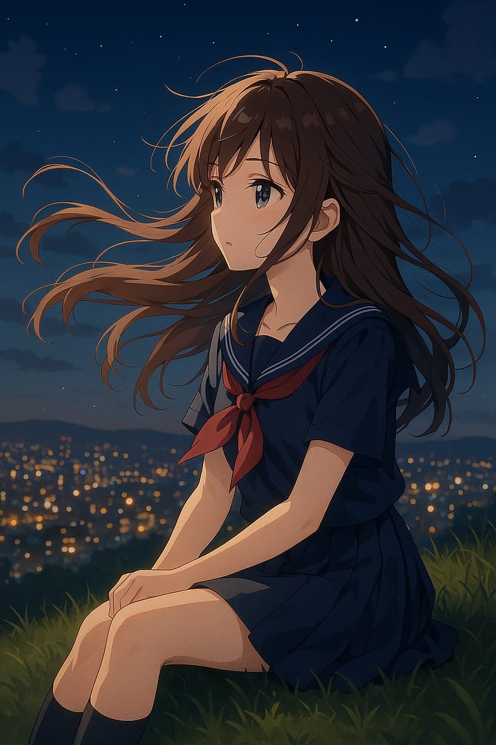 Anime schoolgirl sitting on a grassy hill gazing at city lights under the night sky, serene aesthetic wallpaper.