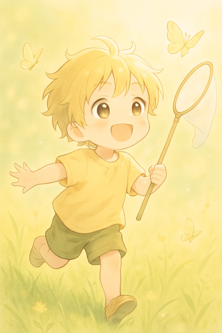 Happy anime child running with a net in a sunny field with butterflies, cheerful aesthetic wallpaper.