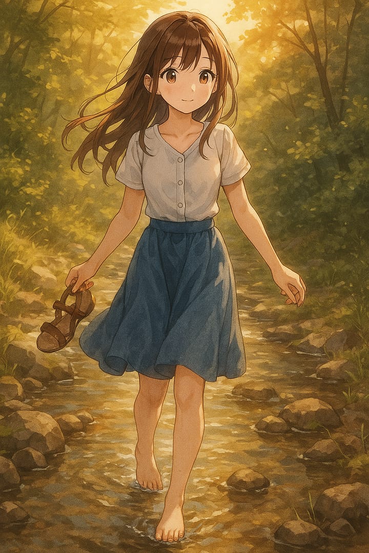 Anime girl walking barefoot through a sunny forest stream holding her sandals, peaceful aesthetic wallpaper.