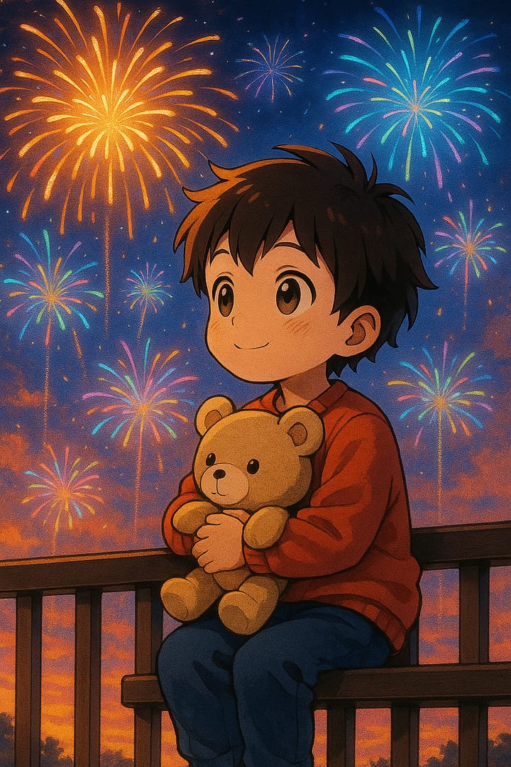 Cute anime boy hugging a teddy bear while watching fireworks in the evening sky, joyful aesthetic wallpaper.
