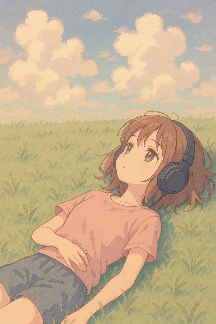 Anime girl lying in a grassy field with headphones, gazing at the clouds, dreamy aesthetic wallpaper.
