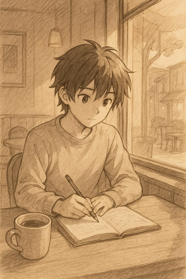 Anime boy sketching in a notebook at a cozy cafe with coffee, warm study aesthetic wallpaper.