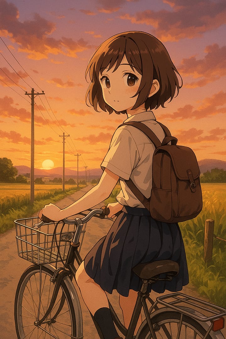 Anime schoolgirl riding a bicycle on a country road during sunset, nostalgic aesthetic wallpaper.