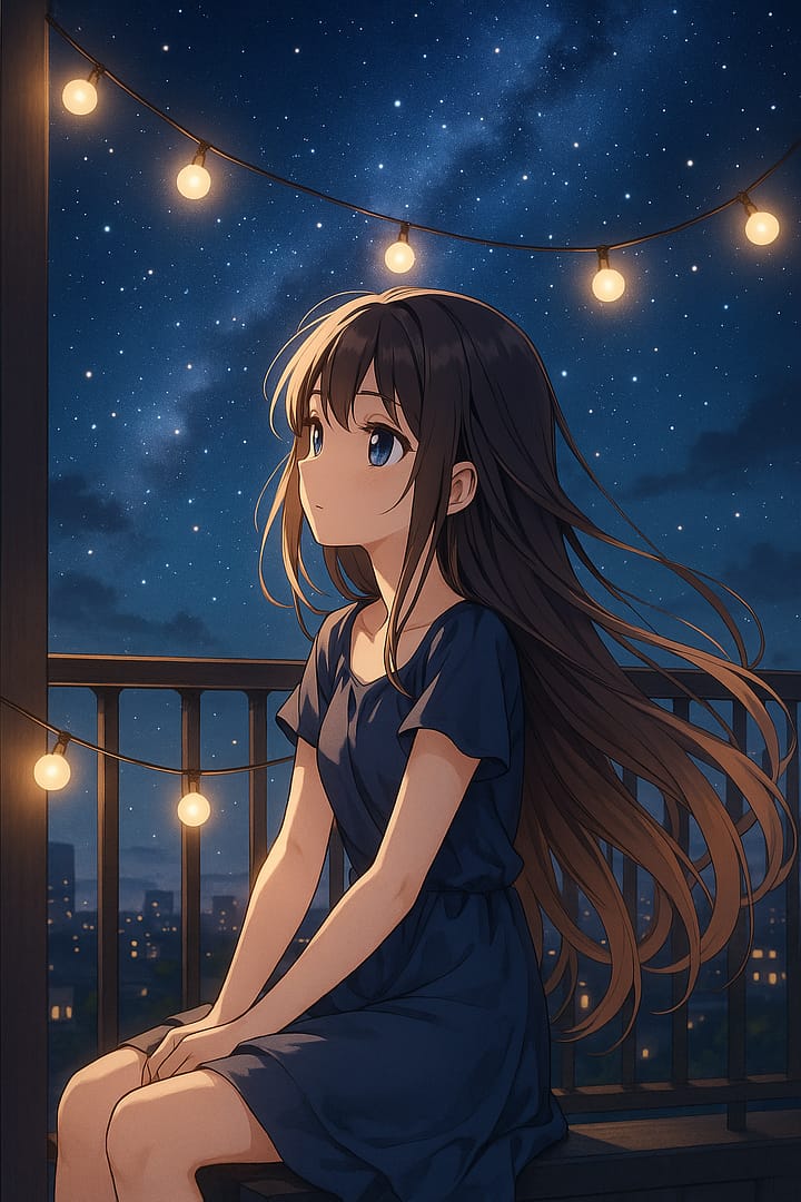 Anime girl sitting on a balcony at night under string lights, gazing at the starry sky, serene aesthetic wallpaper.